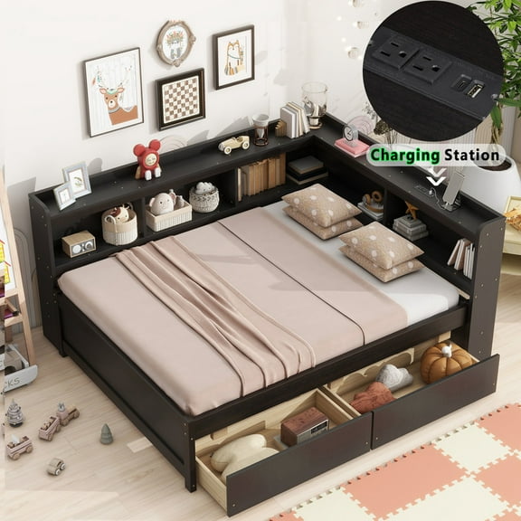 Duxelifin Full Size Corner Bed Frame with Built-In Bookcase Storage, USB Ports & AC Outlets, Storage Drawers, Wood Platform Bed Frame Daybed Frame for Bedroom, Study Room, & Guest Room, Brown