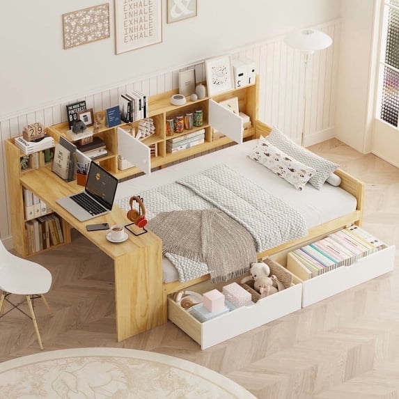 Mirightone Full Size L Shaped Daybed with Storage Drawers, Full Corner Bed with Desk and Bookshelf, Space-Saving, Natural & White