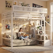 Mirightone Full Loft Bed with Stairs, 500 lb Heavy-Duty Metal Loft Bed Frame with Storage Shelves, Wardrobe & Safety Guardrail for Teens, White