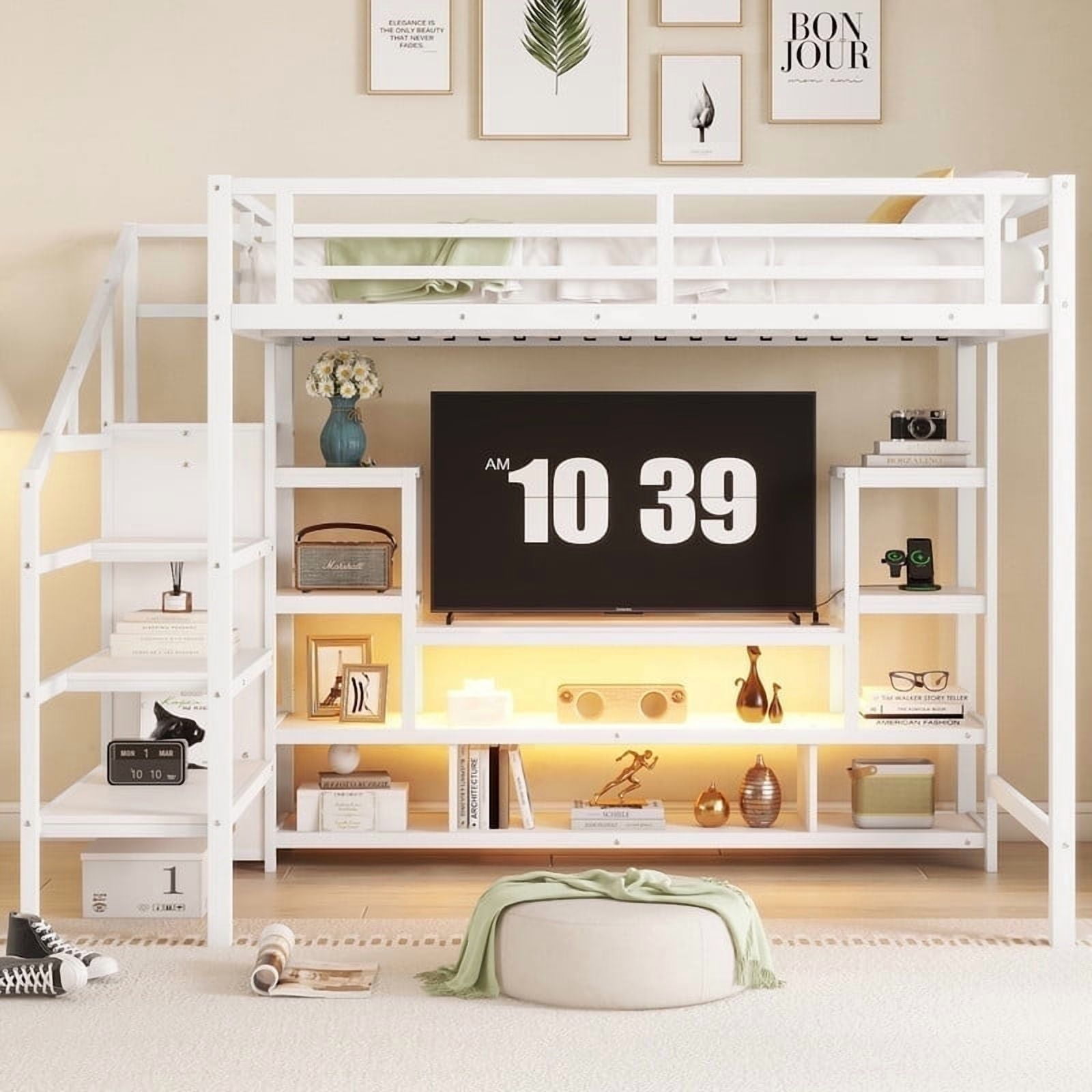 Duxelifin Full Size Loft Bed with Stairs, TV Cabinet, LED and Charging ...