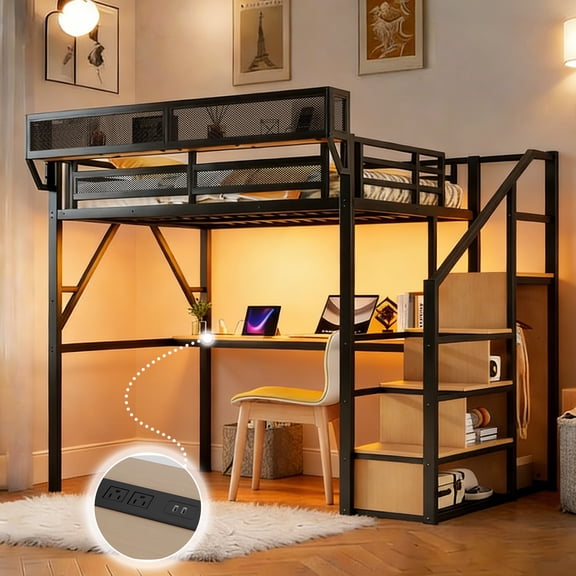 Mirightone Full Size Loft Bed with Stairs, Metal Loft Bed Frame with Storage,Under-Bed Desk, Wardrobe Heavy-Duty Gaming loft bed with built-in Light & Charging Station for Adults, Teens
