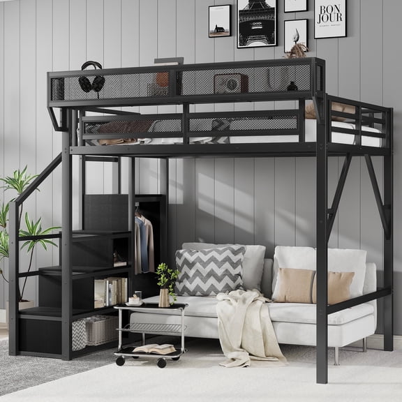 Mirightone Full Size Loft Bed with Stairs, Metal Loft Beds Full with Storage Shelves, Adults Loft Bed with Wardrobe, Heavy Duty High Lofted Bed,Convertible Staircase, All black