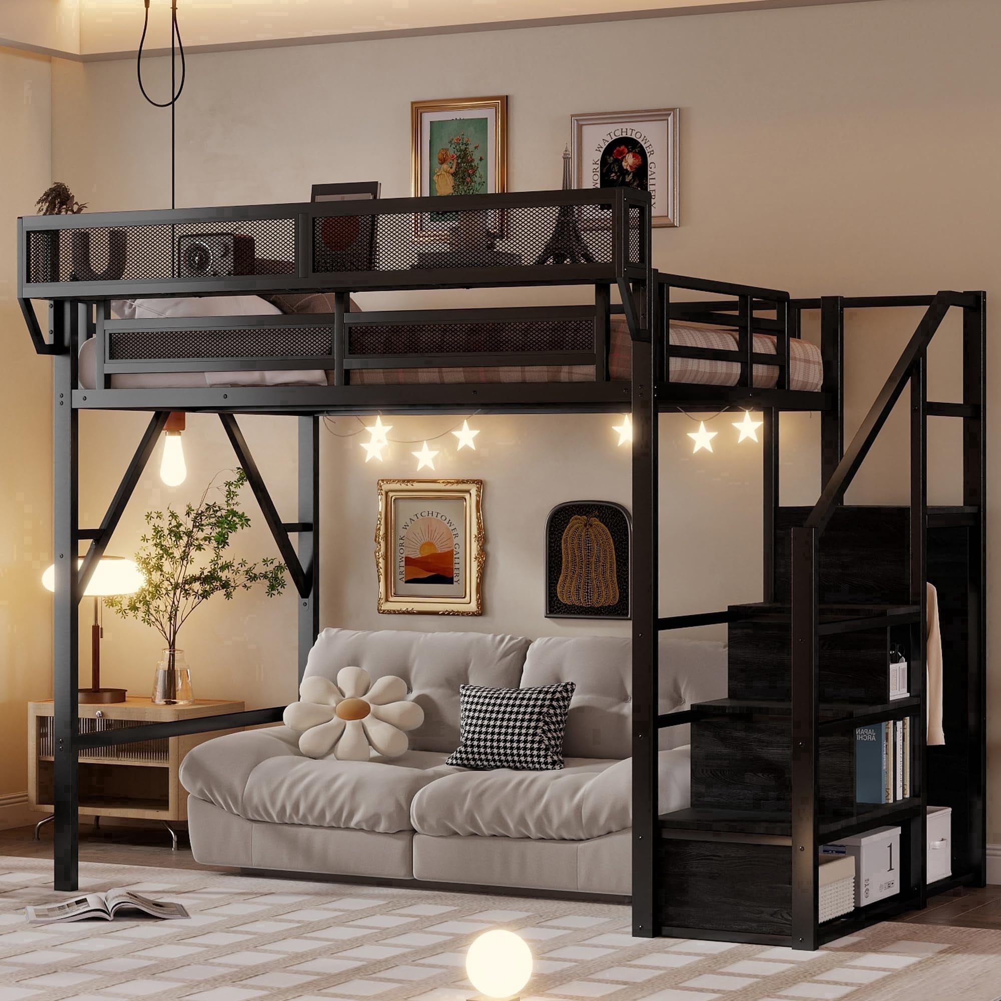 Mirightone Full Size Loft Bed with Stairs, Metal Loft Beds Full with Storage Shelves, Adults Loft Bed with Wardrobe, Heavy Duty High Lofted Bed,Convertible Staircase, All black