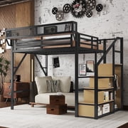 Mirightone Full Loft Bed with Stairs & Storage, 500 lb Heavy Duty Metal Frame, Shelves & Wardrobe, High Loft Bed for Teens & Adults, Black