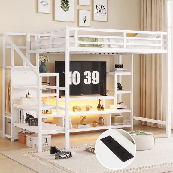 Mirightone Full Size Loft Bed with Storage Stairs and Built-in Wardrobe, Metal Gaming Loft Bed with LED Lights, Charging Station  &  TV Cabinet for Teens, Adults, Black