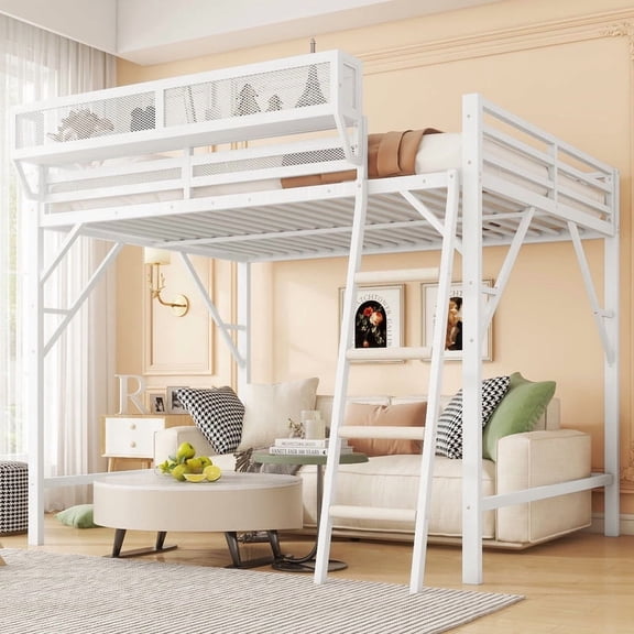 Mirightone Full Size Loft Bed with Storage, Metal Loft Beds with Upper Shelf, High Loft Bed Frame with Ladder, White Loft Bed