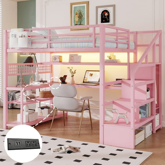 Mirightone Full Size Metal Loft Bed Frame, Pink Loft Bed with L-Shaped Desk, Shelves & Wardrobe Storage, LED Lights & Built-in Charging for Teens, Adults