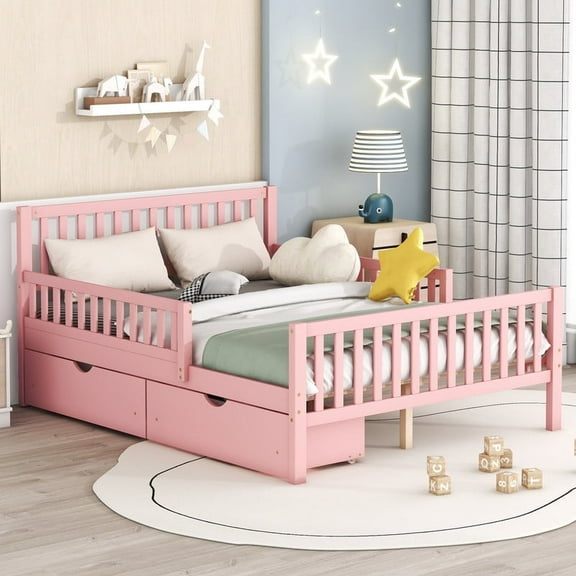 Mirightone Full Size Platform Bed Frame with Storage Drawers, Wood Kids Bed with Safety Guardrail, Classic Style Full Bed for Kids Boys Girls (Pink)