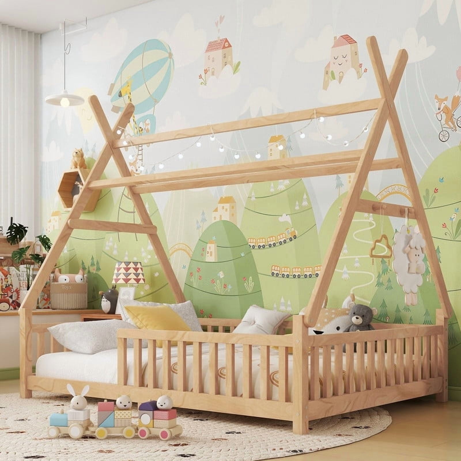 Mirightone Full Size Tent Beds with Hanging Rack, Teepee Floor Bed, Detachable Floor Bed with Slats and Fence Rails, Wood House Bedframe for Boys Girls, Natural