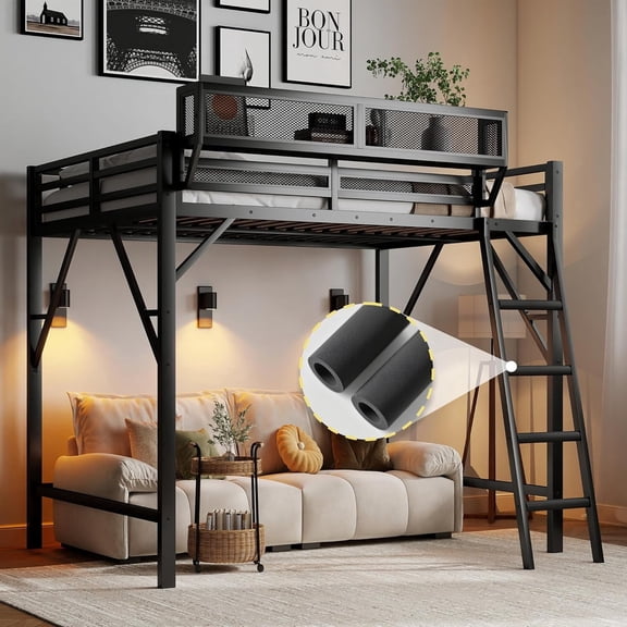 Mirightone Full Size loft Bed with A Long Shelf, Metal Loft Beds with Ladder, Noise-Free,No Box Spring Needed, Black