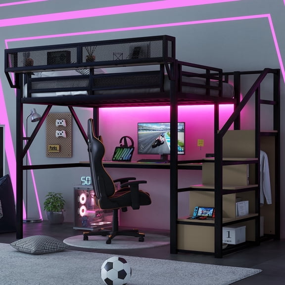 Mirightone Full Loft Bed with Desk, RGB Light, and Storage Shelf - Black