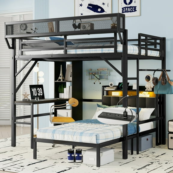 Duxelifin Full over Twin Bunk Bed with Desk and Charge Station, Detachable Bunk Bed with Light and Bookshelves for Adults Teens, Black