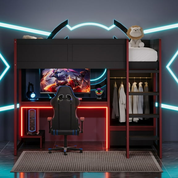Duxelifin Gaming Loft Bed with Built-In Desk and LED, Wood Full Size Loft Bed with Open Wardrobe and Drawer, High Loft Beds with Full-length Guardrails and Desk with Host Rack, Black