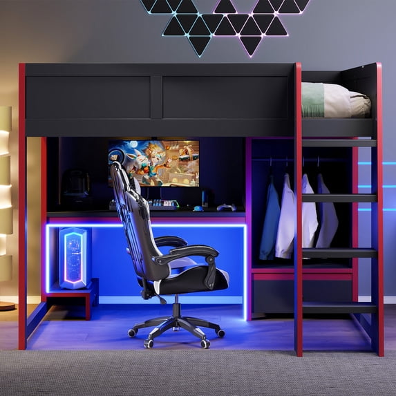 Duxelifin Gaming Loft Bed with Built-In Desk and LED, Wood Full Size Loft Bed with Open Wardrobe and Drawer, High Loft Beds with Full-length Guardrails and Desk with Host Rack, Black