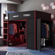 Mirightone Gaming Loft Bed with Desk ,Wardrobe, Ample Storage Space, and RGB LED Light, Full Size Wood Loft Bed Frame with Storage Shelve for Teens.Red