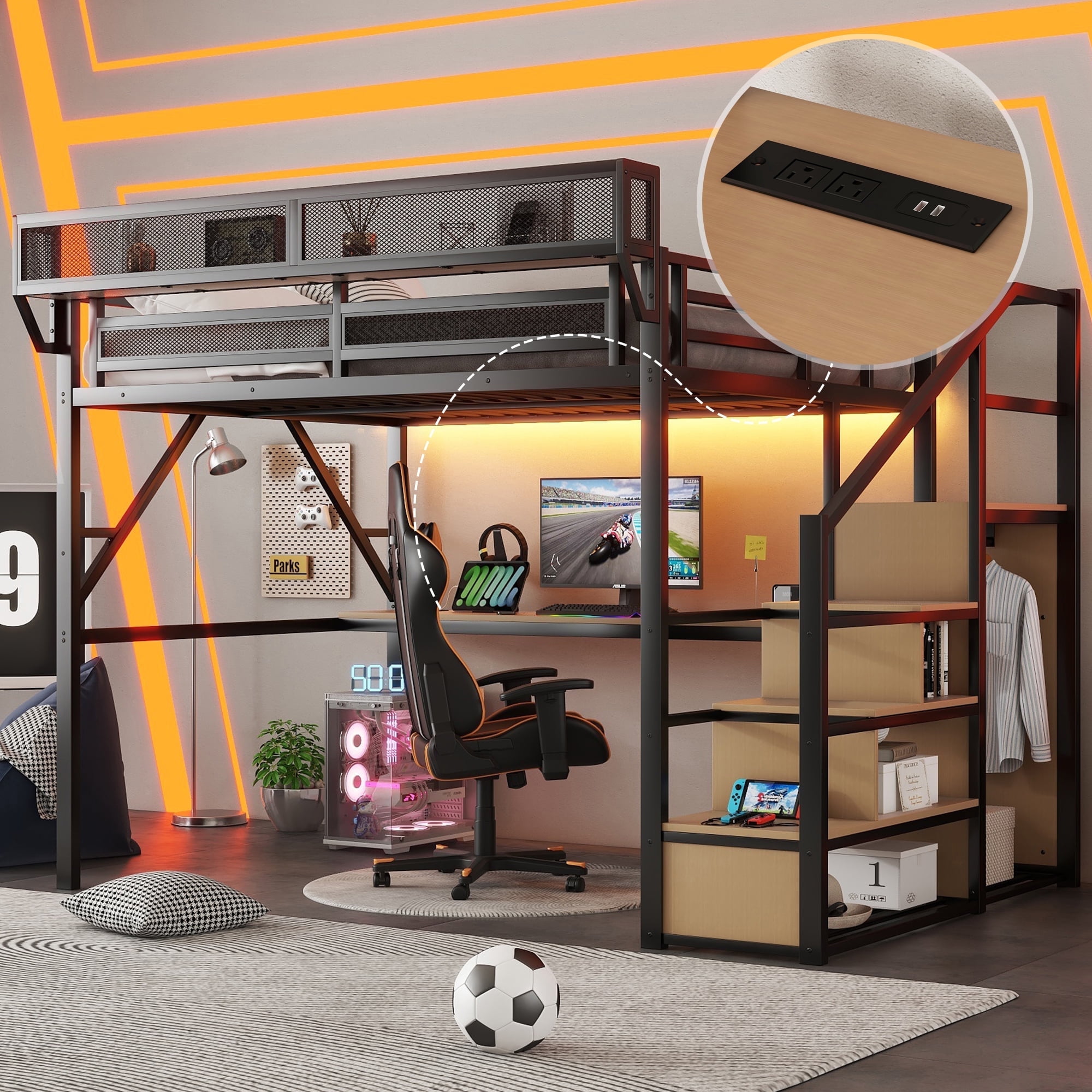 Mirightone Gaming Queen Loft Bed with Desk and Stairs, Metal Lofts Bed ...