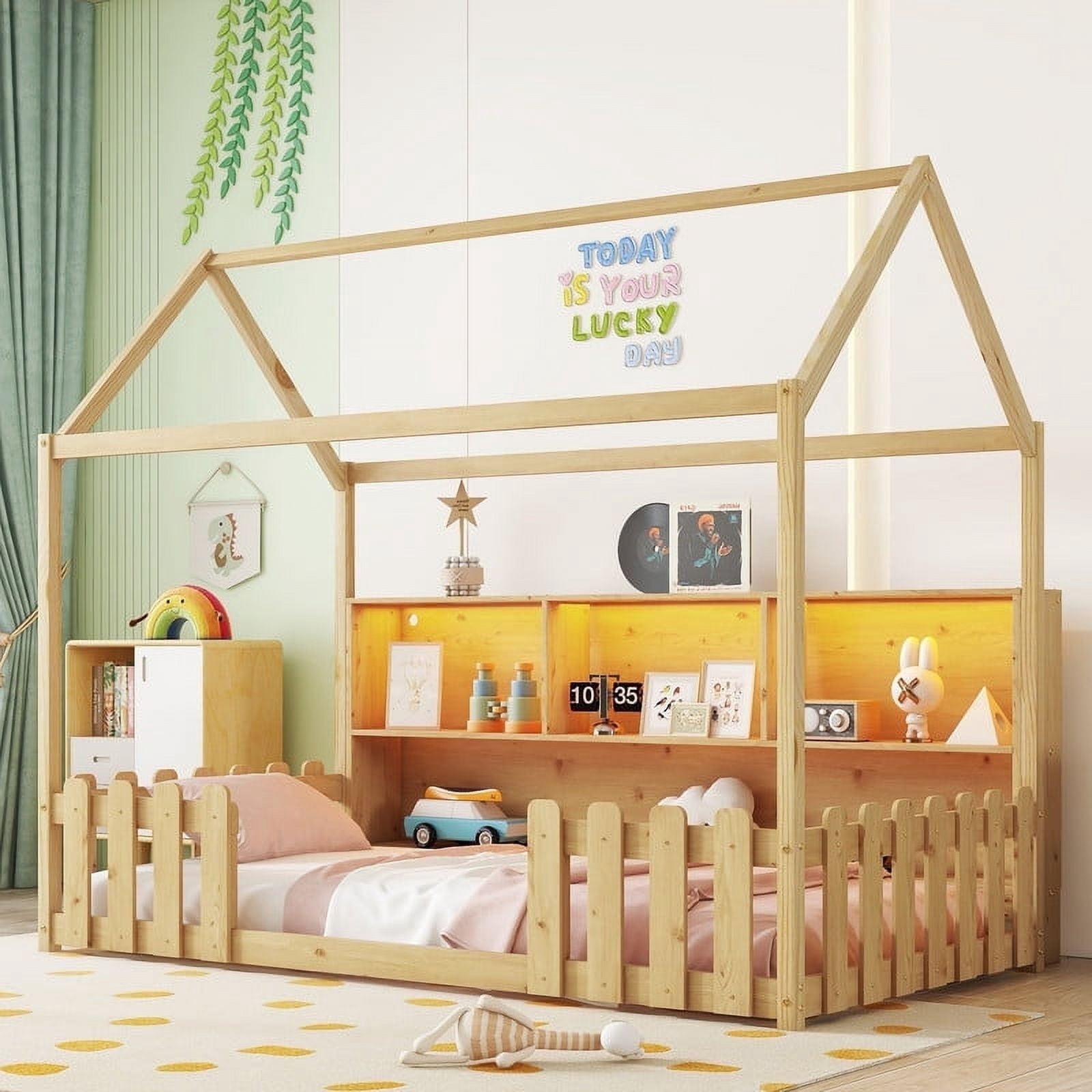 Mirightone Twin Size House Bed frame, Twin Floor Bed with High Rails & Storage Shelves, Montessori Bed with LED Light, Solid Wood House Floor Bed (Natural)