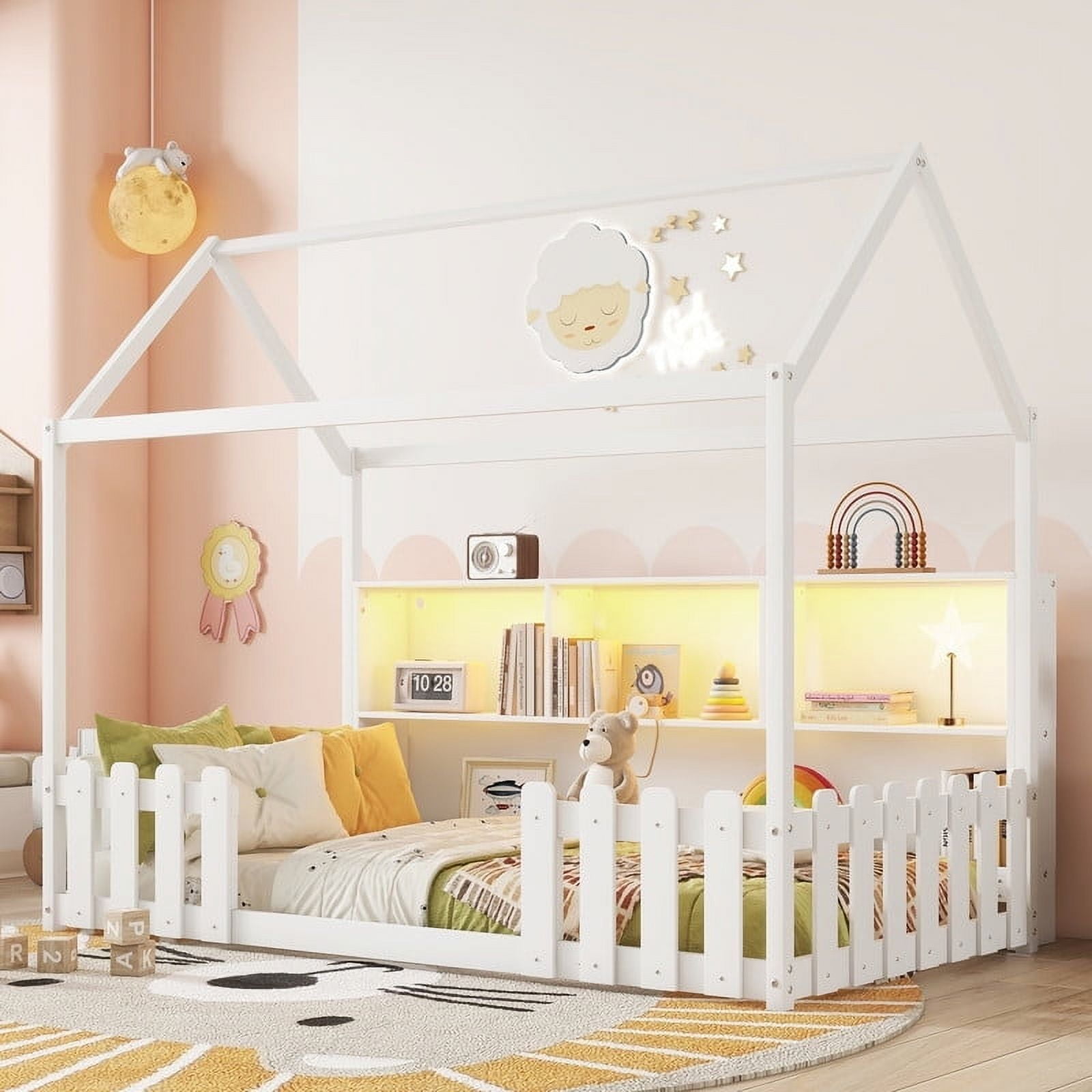 Mirightone Twin Size House Bed frame, Twin Floor Bed with High Rails & Storage Shelves, Montessori Bed with LED Light, Solid Wood House Floor Bed(White)