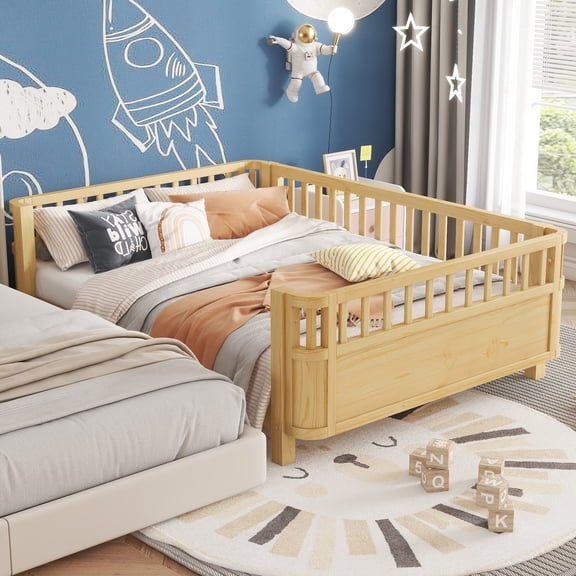 Mirightone Full Bed Platform, Solid Pine Wood Twin Bed Frame for Teens, Daybed with 3-Sided Guardrail & Detachable Side Rail (Natural)