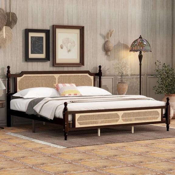Mirightone King Bed Frame with Rattan Headboard and Footboard, Rubber Wood Platform Bed Frame with Large Under Bed Storage,Boho and Mid Century Style, Espresso