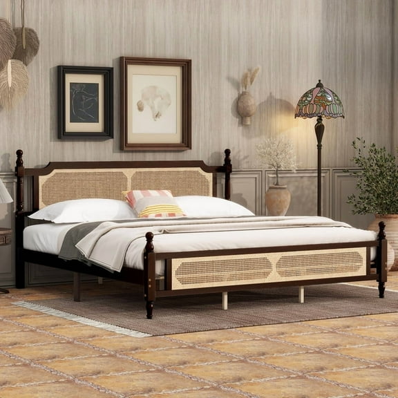 Duxelifin King Bed Frame with Rattan Headboard and Footboard, Rubber Wood Platform Bed Frame with Large Under Bed Storage,Boho and Mid Century Style, No Box Spring Needed, Easy Assembly,Espresso