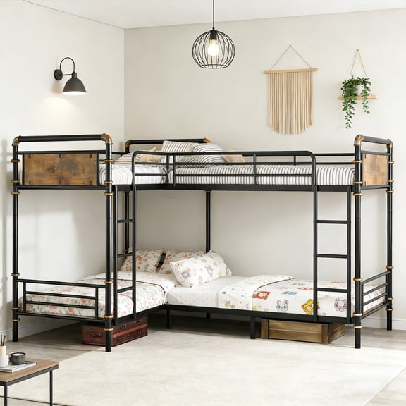 Mirightone L-Shaped Quad Bunk Bed for 4, Metal Bunk Bed Convertible to 3 Twin Beds Industrial Style, Space-Saving & Anti-Slip Ladders (Black)