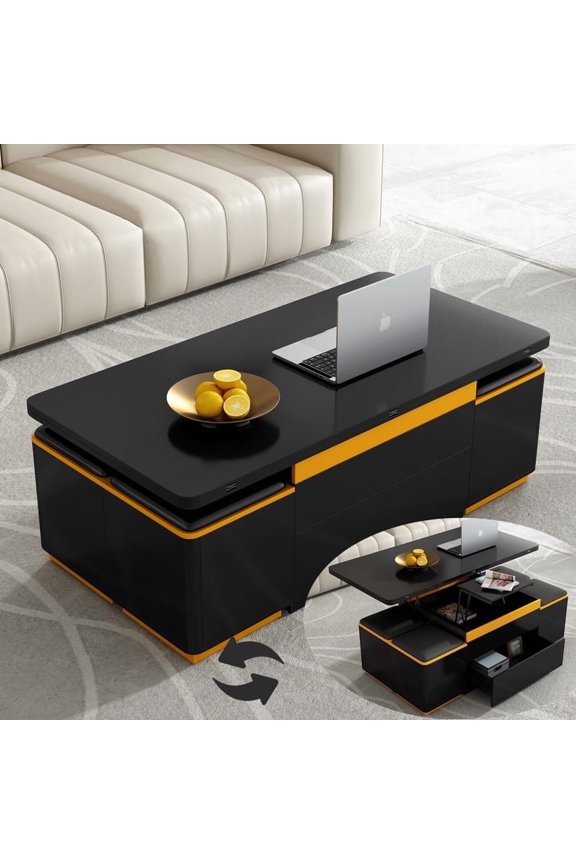 Lift-Top Coffee Table with 4 Storage Stools, Adjustable Coffee Table with Foldable Top, Modern Space Saving Center Table for Living Room - Black