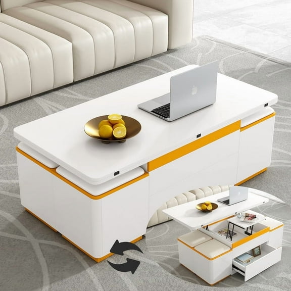 Mirightone Lift-Top Coffee Table with 4 Storage Stools, Adjustable Coffee Table with Foldable Top, Modern Space Saving Center Table for Living Room - White