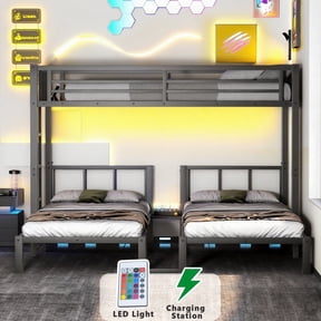 Mirightone Metal Triple Bunk Bed for 3, Gaming Bunk Bed with LED & Charging Station, Detachable Bunk Bed Frame, Can Be Separated into 1 Twin XL Bed, 2 Twin Beds (Twin XL over Twin Twin)