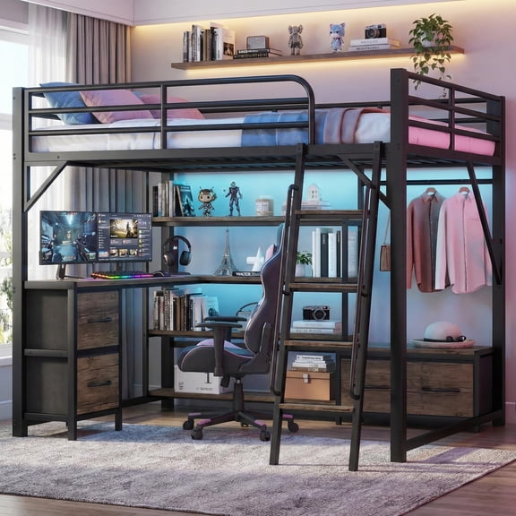 Mirightone Queen Loft Bed with Desk and Light, Metal Loft Bed with Storage Shelves and Drawers, High Loft Bed with Wardrobe & Ladder for Adults Teens, Black
