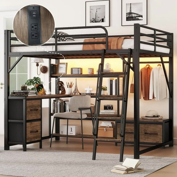 Mirightone Queen Loft Bed with Desk and Light, Metal Loft Bed with Storage Shelves and Drawers, High Loft Bed with Wardrobe & Ladder for Adults Teens, Black