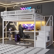 Mirightone Queen Loft Bed with Desk and RGB Light, Heavy-Duty Lofts Beds with Storage Shelves and Wardrobe for Teens, Metal Loft Bed Frame with Stairs and Bedside Shelf, White