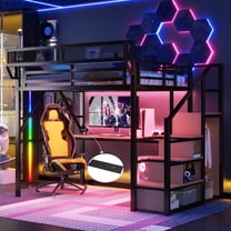 Mirightone Queen Loft Bed with Desk and Storage Shelves, Loft Bed with Stairs and Wardrobe, Metal Loft Bed with Charging Station & Light for Teens Adults, Black