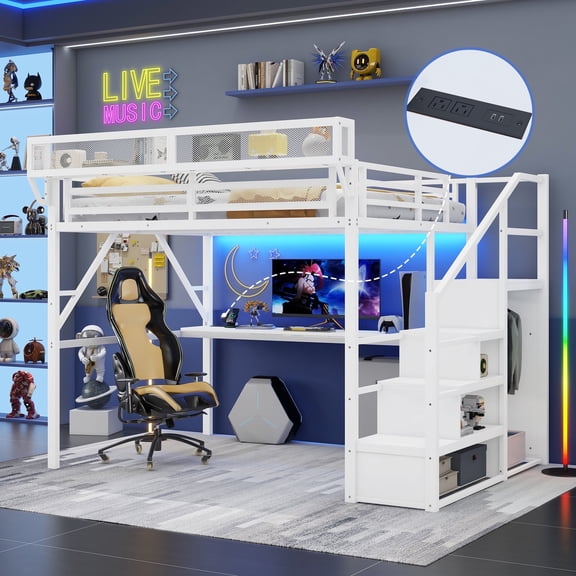 Mirightone Queen Loft Bed with Desk and Stairs, Queen Loft Bed with Storage, Light and Wardrobe for Adults Teens, White