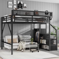 Mirightone Queen Loft Bed with Stairs, Metal Loft Beds Queen Size Adults with Storage Shelves and Wardrobe, Heavy Duty High Loft Bed, All black