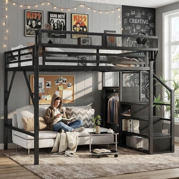 Mirightone Queen Loft Bed with Stairs, Metal Loft Beds Queen Size Adults with Storage Shelves and Wardrobe, Heavy Duty High Loft Bed, All black