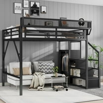 Mirightone Queen Loft Bed with Stairs, Metal Loft Beds Queen Size Adults with Storage Shelves and Wardrobe, Heavy Duty High Loft Bed, All black