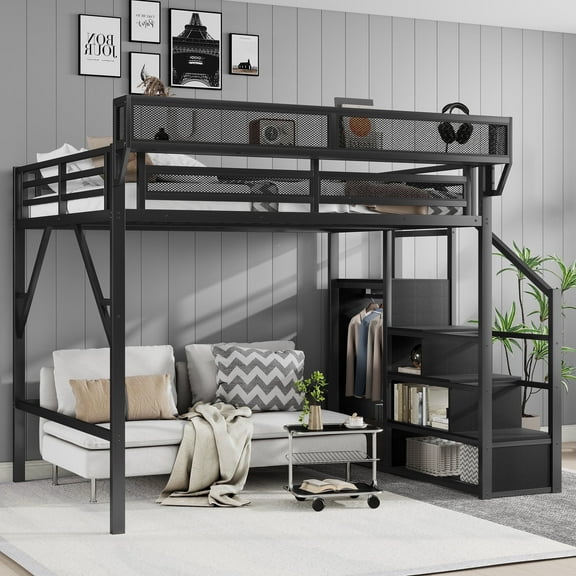 Mirightone Queen Loft Bed with Stairs, Metal Loft Beds Queen Size Adults with Storage Shelves and Wardrobe, Heavy Duty High Loft Bed, All black