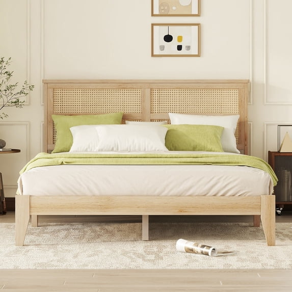 Mirightone Queen Size Bed Frame with Headboard, Rubber Wood Platform Bed Frame, Farmhouse Queen Beds with Slats Support, No Box Spring Needed, Oak White
