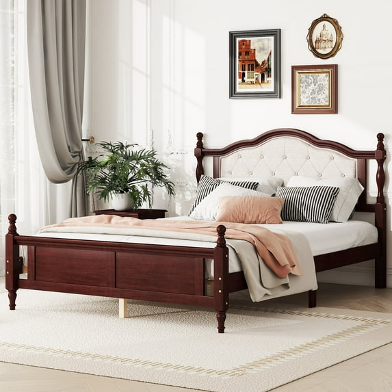 Duxelifin Queen Size Bed Frame with Upholstered Headboard and Footboard, Wood Platform Bed with Bed Rail Support Feet, Wood Slat Support, No Box Spring Needed, Cherry
