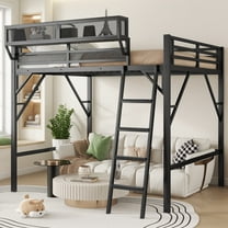Mirightone Queen Loft Bed with Shelves & Ladder, Metal Loft Bed Frame with Safety Guardrail for Adults, Teens, Black