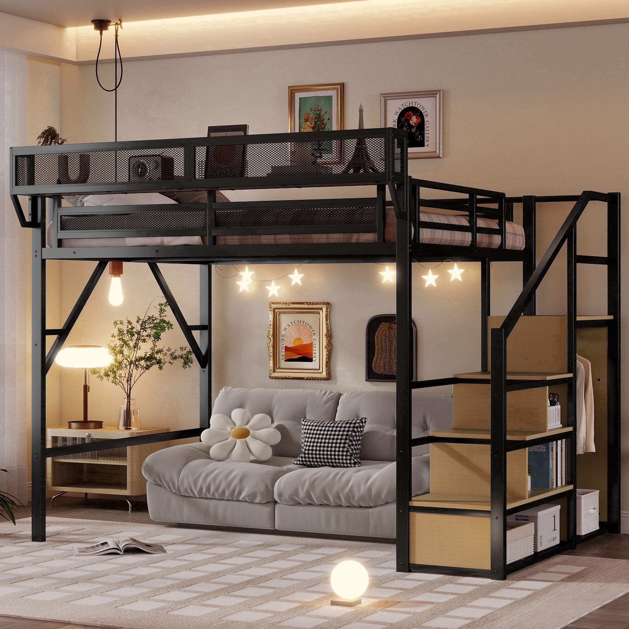Mirightone Queen Heavy Duty Metal Loft Bed with Stairs, 800 lb Capacity, Storage Shelves and Wardrobe, Black