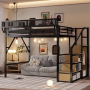 Mirightone Queen Heavy Duty Metal Loft Bed with Stairs, 800 lb Capacity, Storage Shelves and Wardrobe, Black