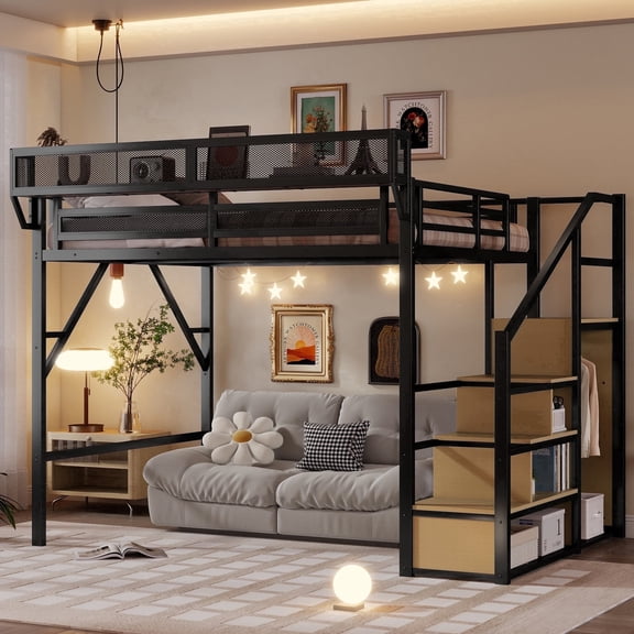 Mirightone Queen Heavy Duty Metal Loft Bed with Stairs, 800 lb Capacity, Storage Shelves and Wardrobe, Black