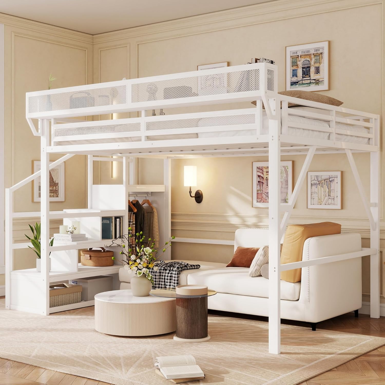 Mirightone Queen Size Loft Bed 800 lb Capacity, Metal Loft Bed with Storage Stairs & Wardrobe, Heavy Duty Frame, Wide Steps for Adults, White Loft Bed