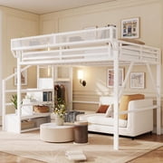 Mirightone Queen Size Loft Bed 800 lb Capacity, Metal Loft Bed with Storage Stairs & Wardrobe, Heavy Duty Frame, Wide Steps for Adults, White Loft Bed