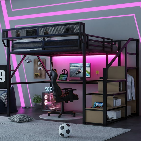 Duxelifin Metal Loft Bed with Desk, Lights, and Storage Shelf - Queen, Black