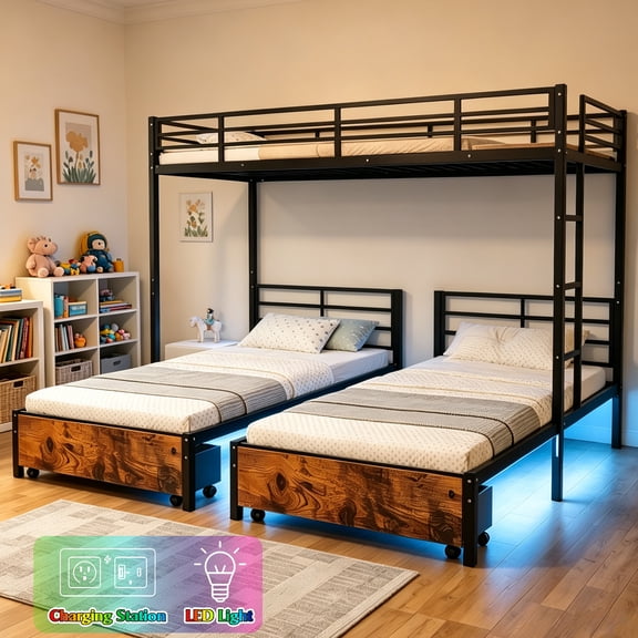 Mirightone Triple Bunk Bed for 3, Metal 3 Bed Bunk Bed with Charging Station, Light & 2 Storage Drawers, Convertible Space-Saving Bunk Bed Frame for Teens,Twin over Twin over Twin Size (Black)