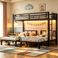 thumbnail image 1 of Mirightone Triple Bunk Bed with LED & USB Charging Station, Convertible to 3 Separate Beds, Twin XL over Twin Metal Bunk Bed with Safety Guardrail & Ladder for 3 Teens,No Box Spring Needed, 1 of 13