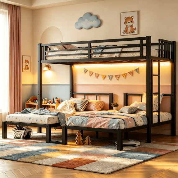Mirightone Triple Bunk Bed with LED & USB Charging Station, Convertible to 3 Separate Beds, Twin XL over Twin Metal Bunk Bed with Safety Guardrail & Ladder for 3 Teens,No Box Spring Needed
